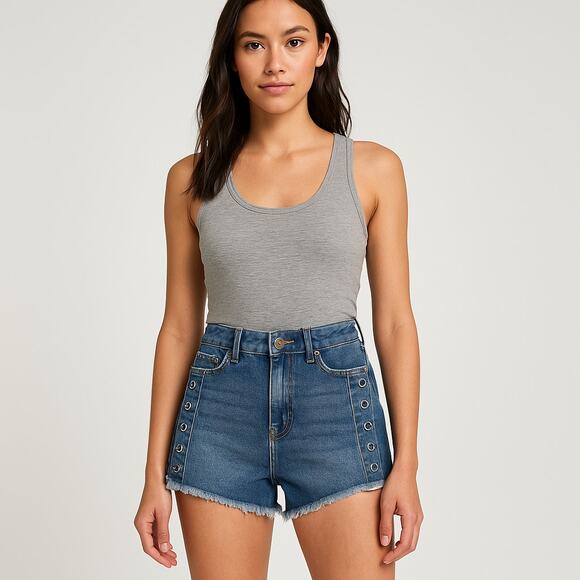 Zara Denim Shorts Womens 2 High Rise Grommet Side Fray Hem Summer Cutoff - Picture 1 of 8